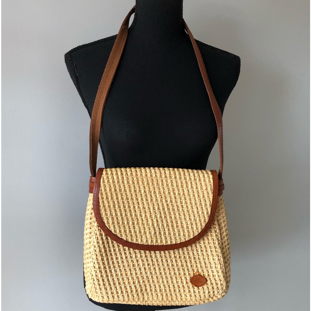🩴Vintage The Trend Neutral Straw Brown Leather Shoulder Bag Made In Italy EUC
